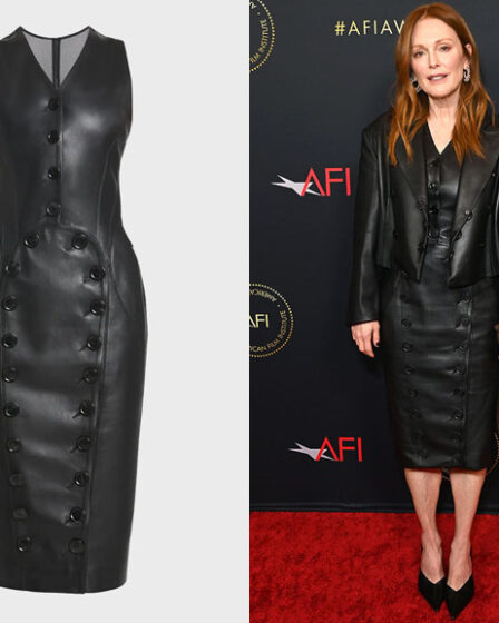 Julianne Moore's Alaïa Button-Front Sleeveless Leather Midi Vest Dress