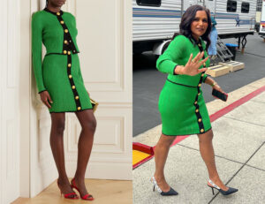 Mindy Kaling's Balmain Cropped Ribbed-Knit Cardigan & Button-Embellished Ribbed Pointelle-Knit Mini Skirt
