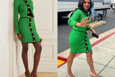 Mindy Kaling's Balmain Cropped Ribbed-Knit Cardigan & Button-Embellished Ribbed Pointelle-Knit Mini Skirt