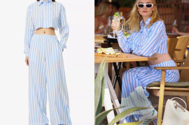 Sophie Turner's WOERA Stripe-Print Cropped Cotton Shirt & Trousers