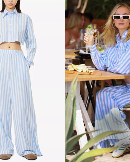 Sophie Turner's WOERA Stripe-Print Cropped Cotton Shirt & Trousers