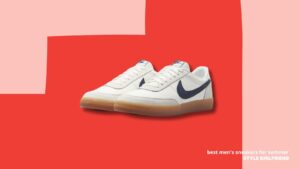 pair of nike killshot sneakers with navy swoosh, against red and pink background. text on-screen reads: best men's sneakers for summer