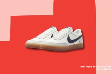 pair of nike killshot sneakers with navy swoosh, against red and pink background. text on-screen reads: best men's sneakers for summer