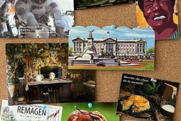 A variety of interesting and colourful postcards pinned on a corkboard