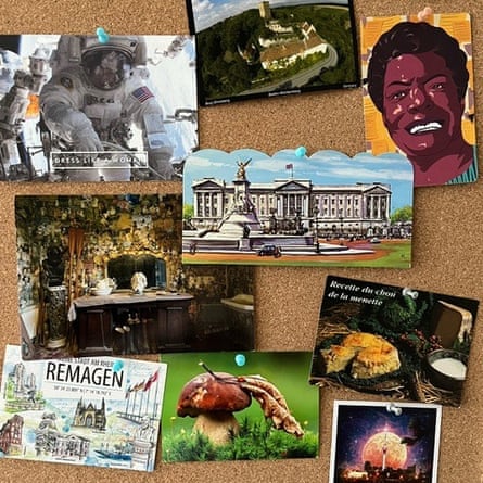 A variety of interesting and colourful postcards pinned on a corkboard