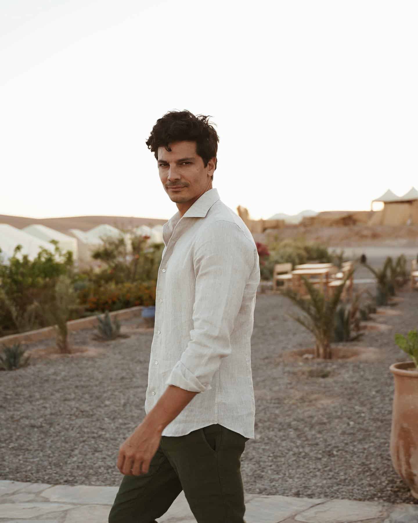 man in linen shirt and khaki pants