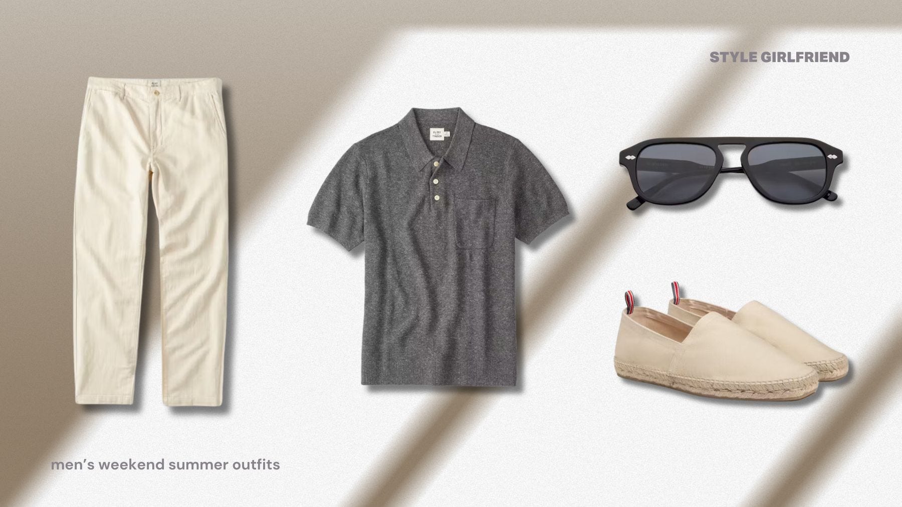 flat lay of a casual men's weekend outfit featuring light-colored khaki pants, a grey knit polo, black frame sunglasses, and light-colored espadrilles