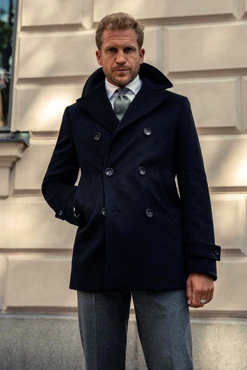 Peacoat over a suit outfit idea