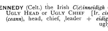 KENNEDY ( Celt . ) the_Irish_C ( e ) inneidigh UGLY HEAD or UGLY CHIEF [ Ir . cinn ( ceann )