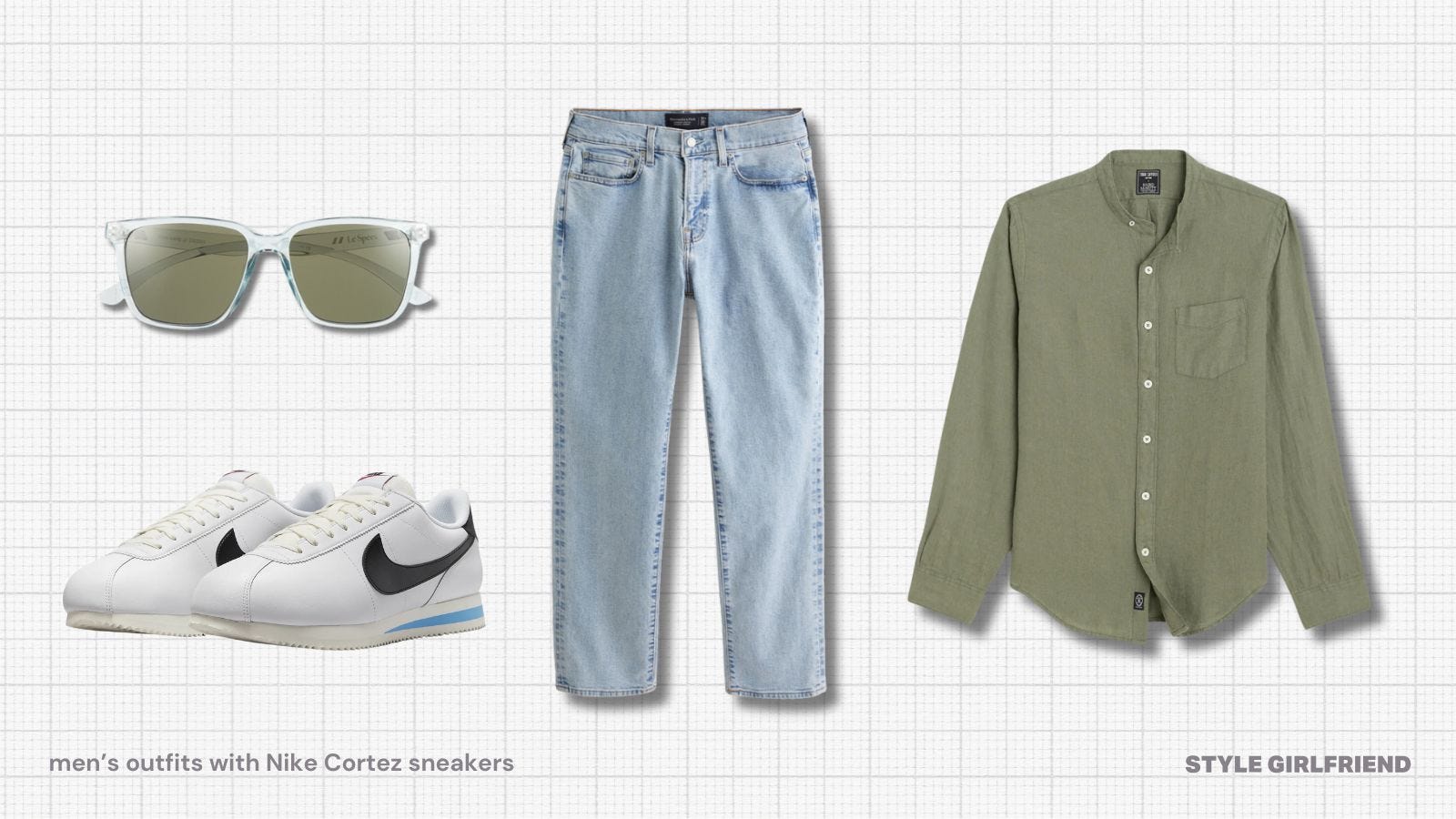 men's casual outfit with white Nike Cortez sneakers, light rinse jeans, and a light green band collar shirt