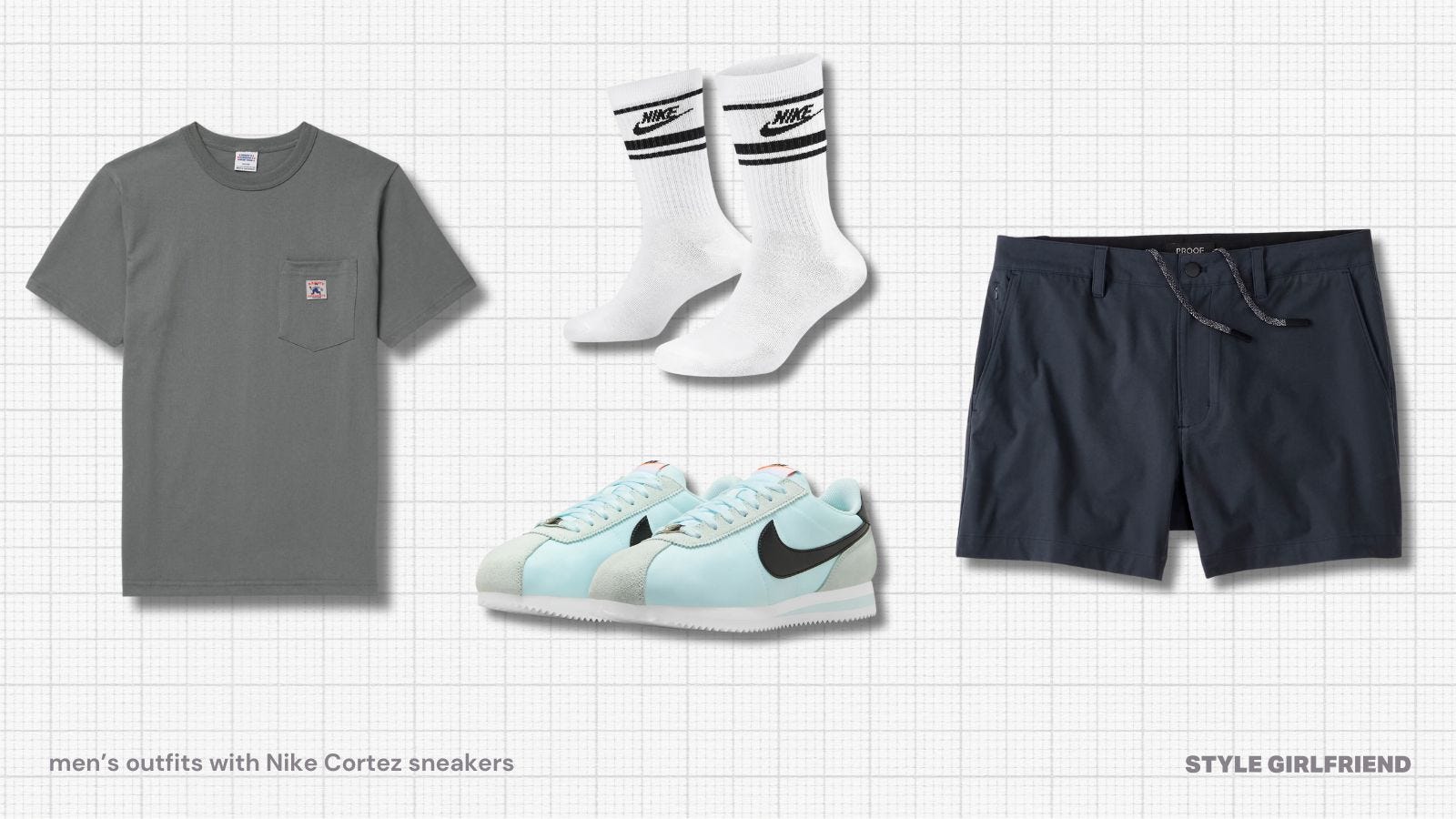 flat lay of a casual men's outfit with blue nike cortez sneakers, grey shorts and a grey pocket t-shirt with tall nike socks