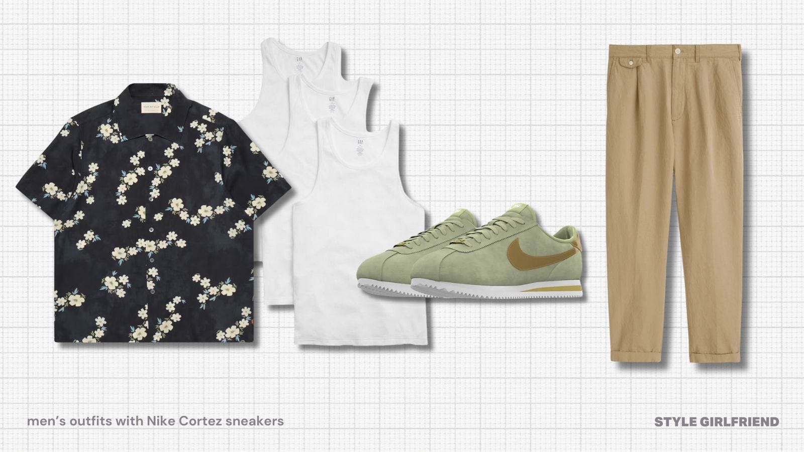 flat lay of a casual men's outfit with light green nike cortez sneakers, tan chinos, a short-sleeve button down shirt and ribbed tank