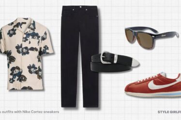 flat lay of a men's outfit with red nike cortez sneakers, a patterned short sleeve shirt and black twill pants