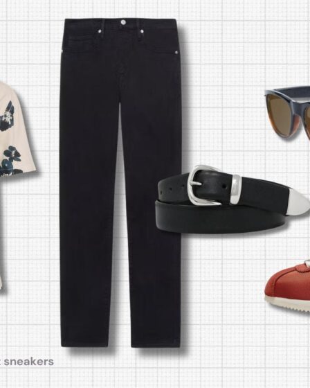 flat lay of a men's outfit with red nike cortez sneakers, a patterned short sleeve shirt and black twill pants