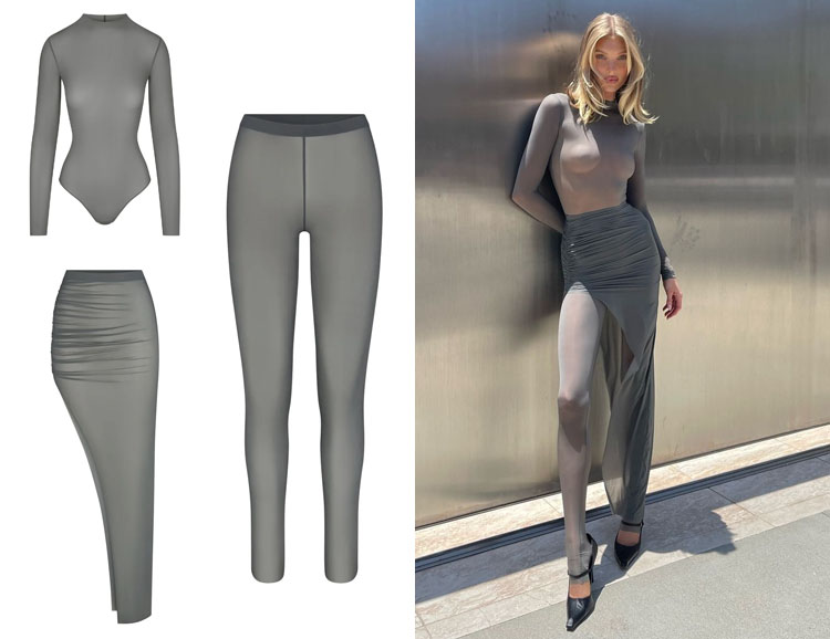 Elsa Hosk's SKIMS Mock Neck Bodysuit, Skirt & Leggings