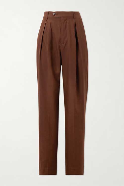 UMIT BENAN B+ Pleated Silk Trousers tobacco brown vintage style