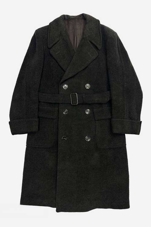 1940s black double-breasted overcoat in heavy melton wool vintage style