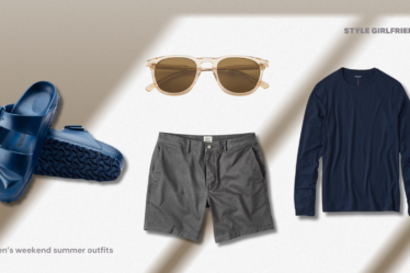 casual weekend outfit for men of sandals, shorts, and long-sleeve shirt with sunglasses