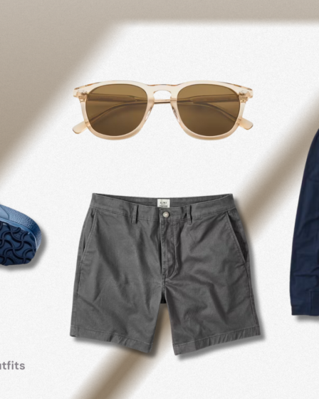 casual weekend outfit for men of sandals, shorts, and long-sleeve shirt with sunglasses
