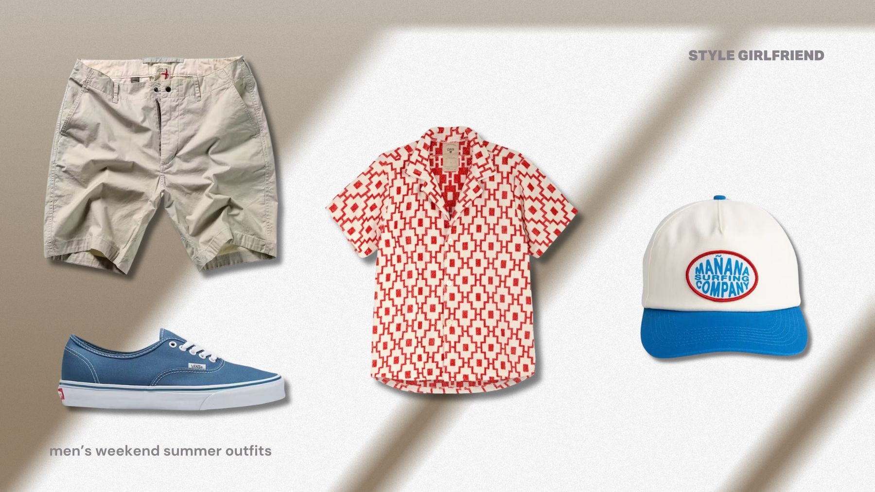 flat lay of a men's casual outfit with light-colored shorts, a patterned red short sleeve shirt and white hat with blue brim