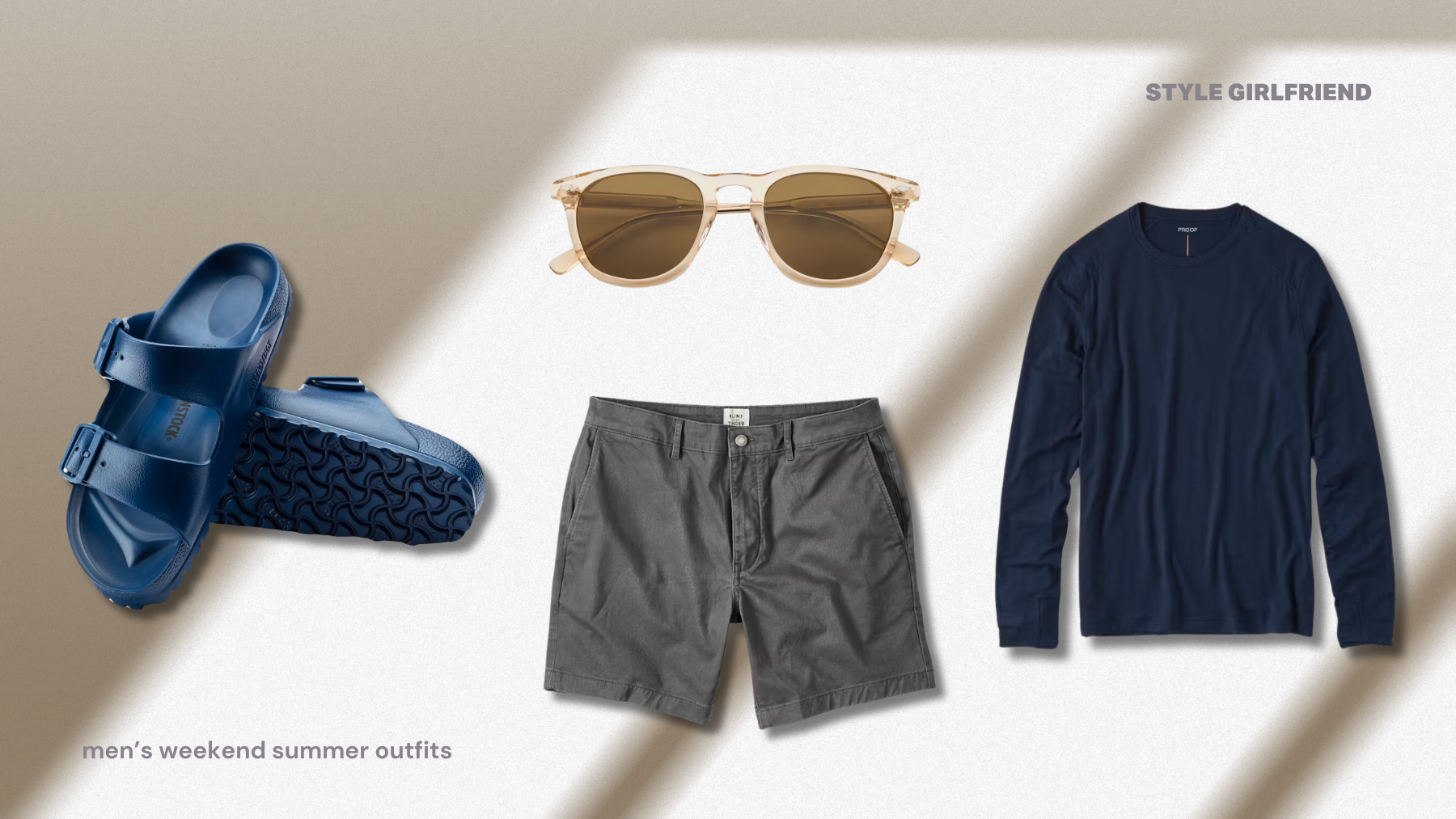 casual weekend outfit for men of sandals, shorts, and long-sleeve shirt with sunglasses