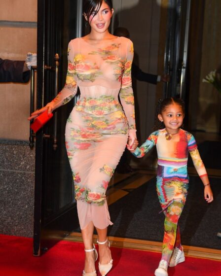 Kylie Jenner looks terrific as she exits the Ritz-Carlton Hotel with her daughter Stormi to attend Jean Paul Gaultier x The Webster Celebrate the Launch of âFlower Collectionâ this evening in New York City.
