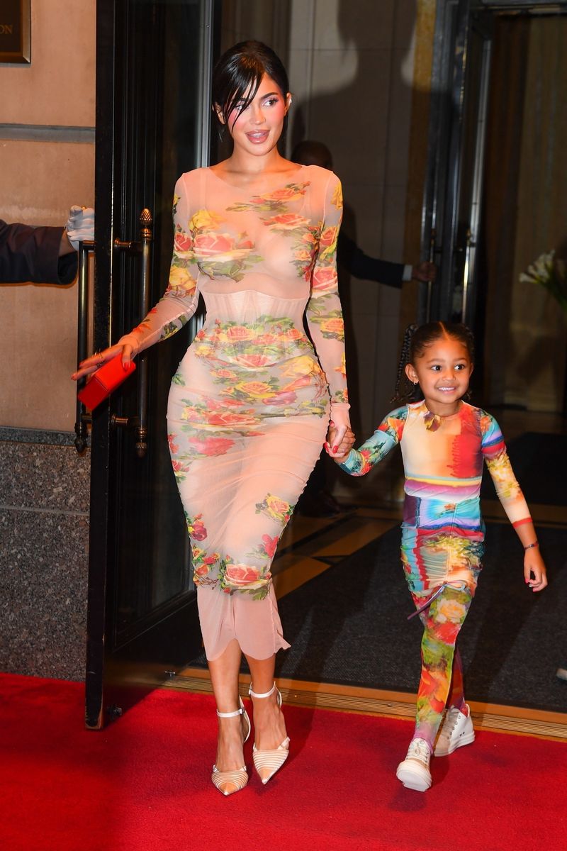 Kylie Jenner looks terrific as she exits the Ritz-Carlton Hotel with her daughter Stormi to attend Jean Paul Gaultier x The Webster Celebrate the Launch of âFlower Collectionâ this evening in New York City.