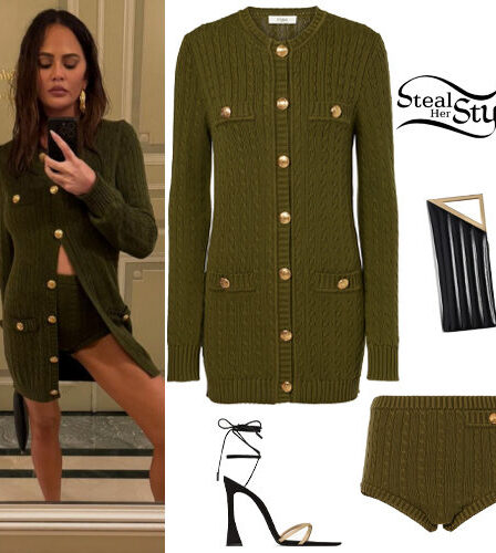 Chrissy Teigen: Olive Cardigan and Shorts