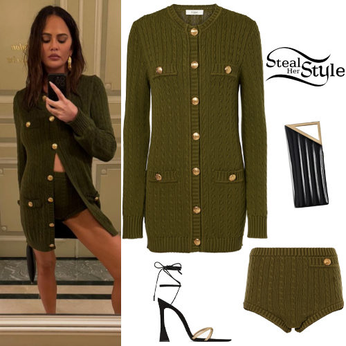 Chrissy Teigen: Olive Cardigan and Shorts