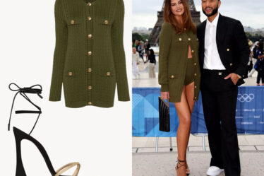 Chrissy Teigen's Chloé Cable-Knit Cardigan & Saint Laurent Liza Sandals