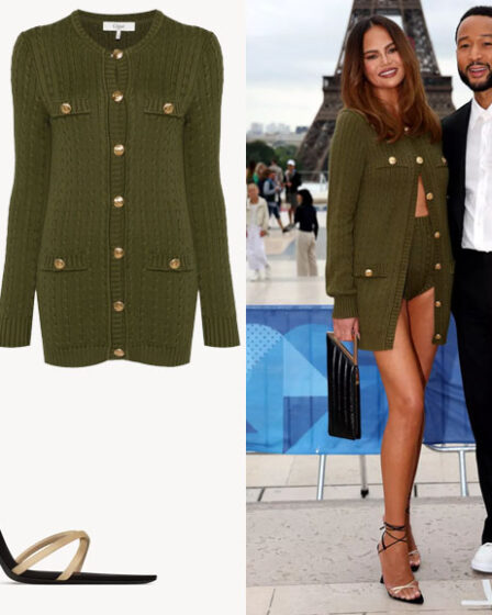 Chrissy Teigen's Chloé Cable-Knit Cardigan & Saint Laurent Liza Sandals