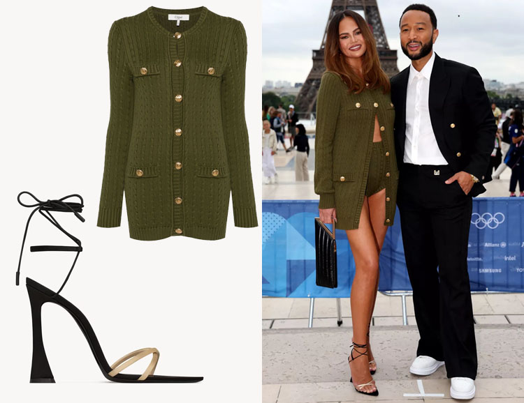 Chrissy Teigen's Chloé Cable-Knit Cardigan & Saint Laurent Liza Sandals