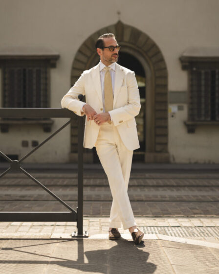 An elegant summer outfit idea with a cream linen suit