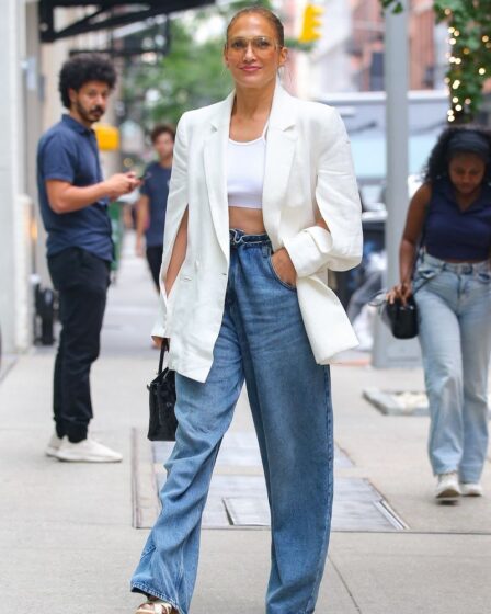 Jennifer Lopez is all smiles in NYC wearing white crop top and wedge platforms