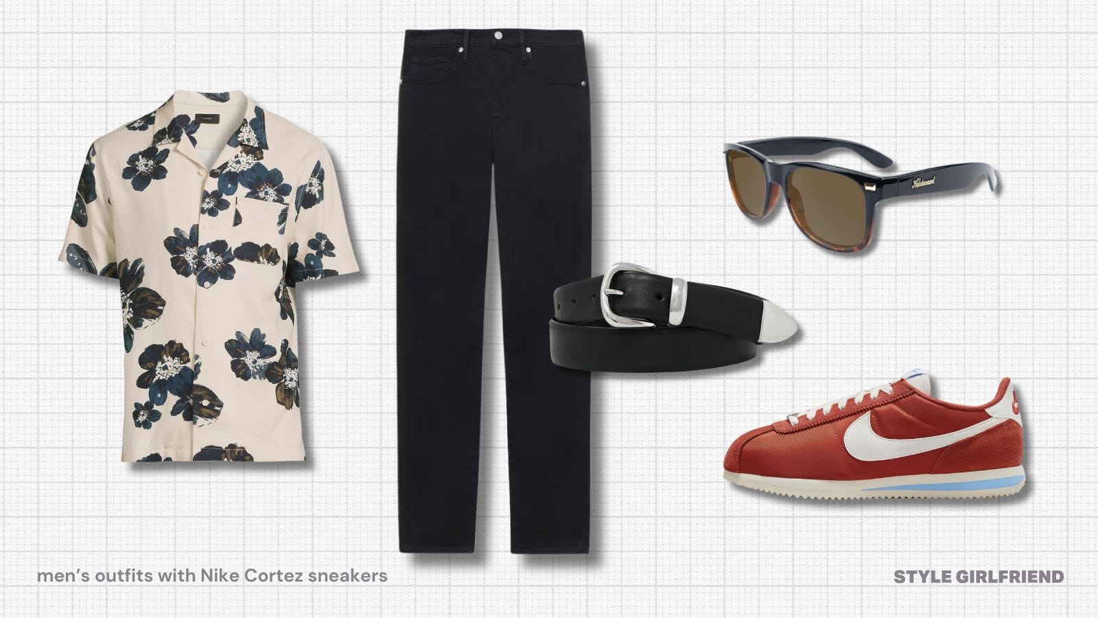 flat lay of a men's outfit with red nike cortez sneakers, a patterned short sleeve shirt and black twill pants