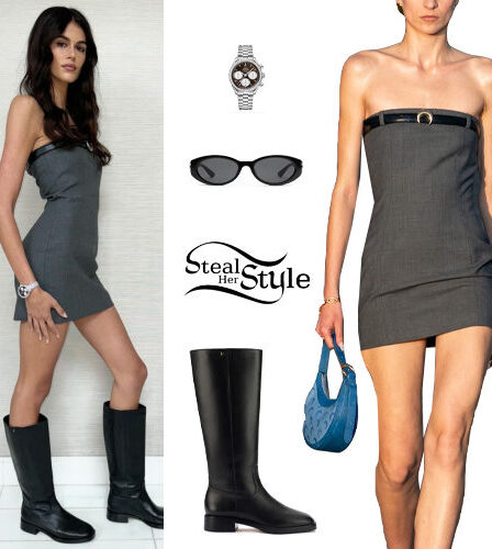 Kaia Gerber: Grey Mini Dress, Black Boots