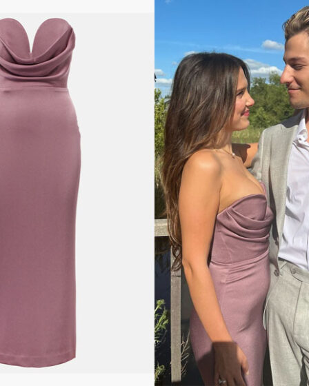 Millie Bobby Brown's Alex Perry Gathered Strapless Satin Midi Dress