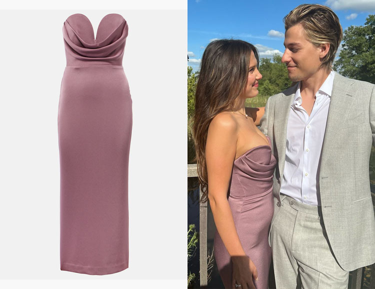 Millie Bobby Brown's Alex Perry Gathered Strapless Satin Midi Dress