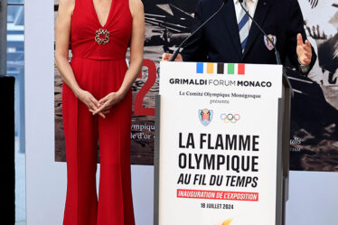 Princess Charlene of Monaco Visit ‘La flamme Olympique au fil des temps’ Exhibition Wearing Elie Saab