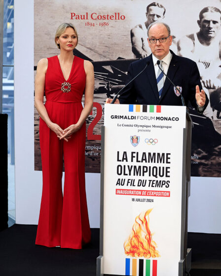 Princess Charlene of Monaco Visit ‘La flamme Olympique au fil des temps’ Exhibition Wearing Elie Saab