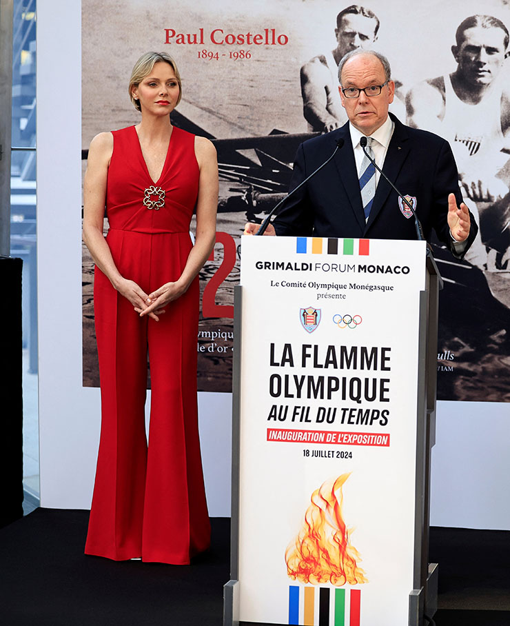 Princess Charlene of Monaco Visit ‘La flamme Olympique au fil des temps’ Exhibition Wearing Elie Saab