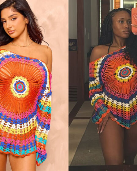 Tolami Benson's PrettyLittleThing Multi Coloured Crochet Knit Long Sleeve Shift Dress