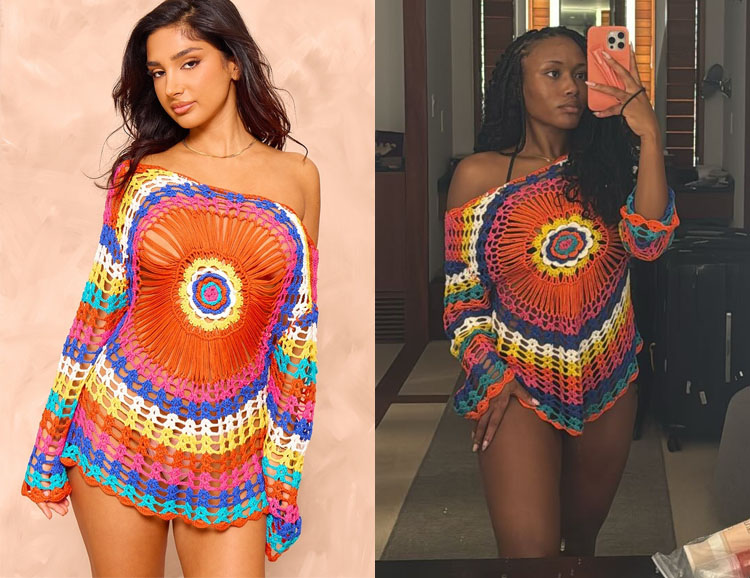 Tolami Benson's PrettyLittleThing Multi Coloured Crochet Knit Long Sleeve Shift Dress