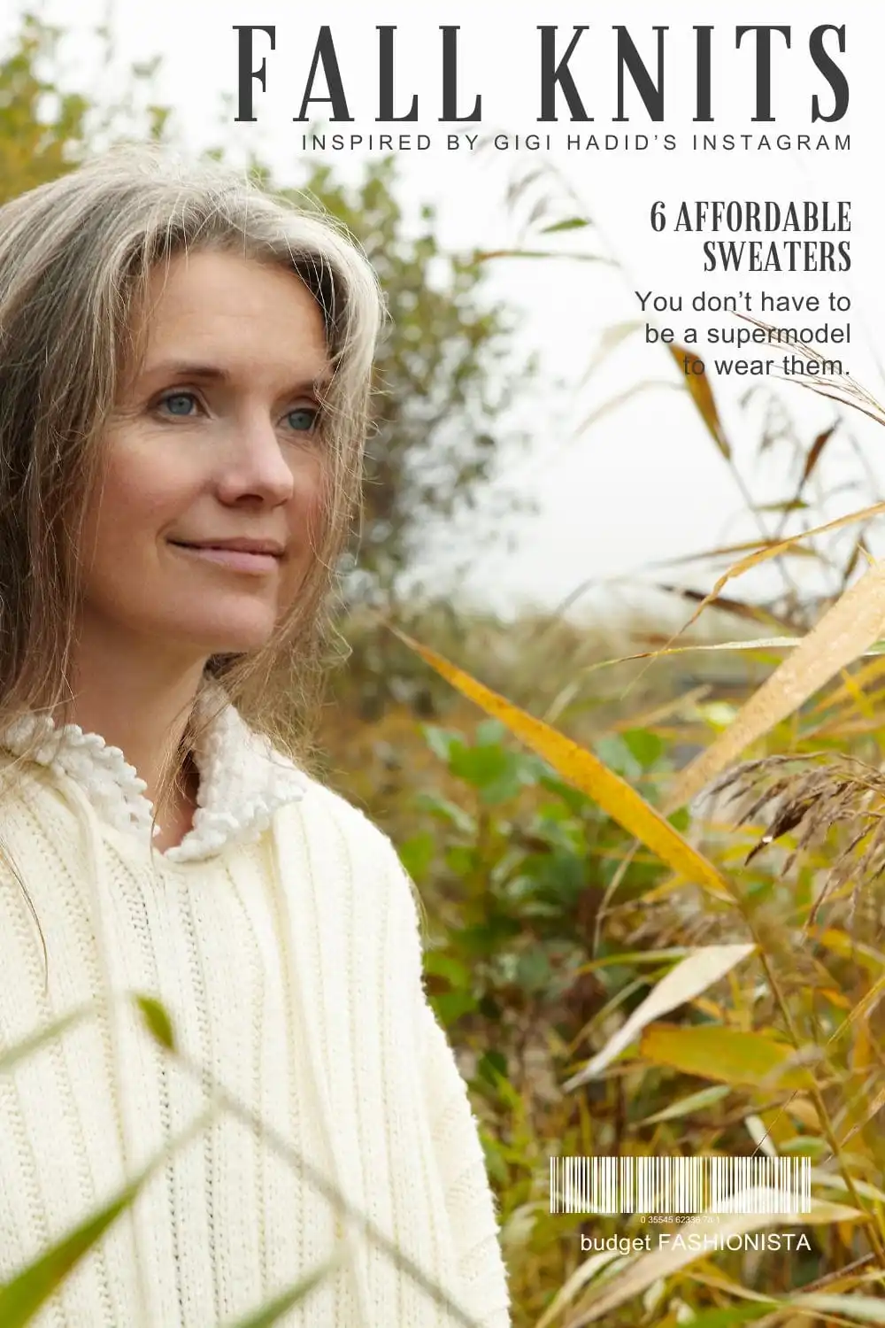 Mature woman wearing sweater outside near yellow and green foliage.