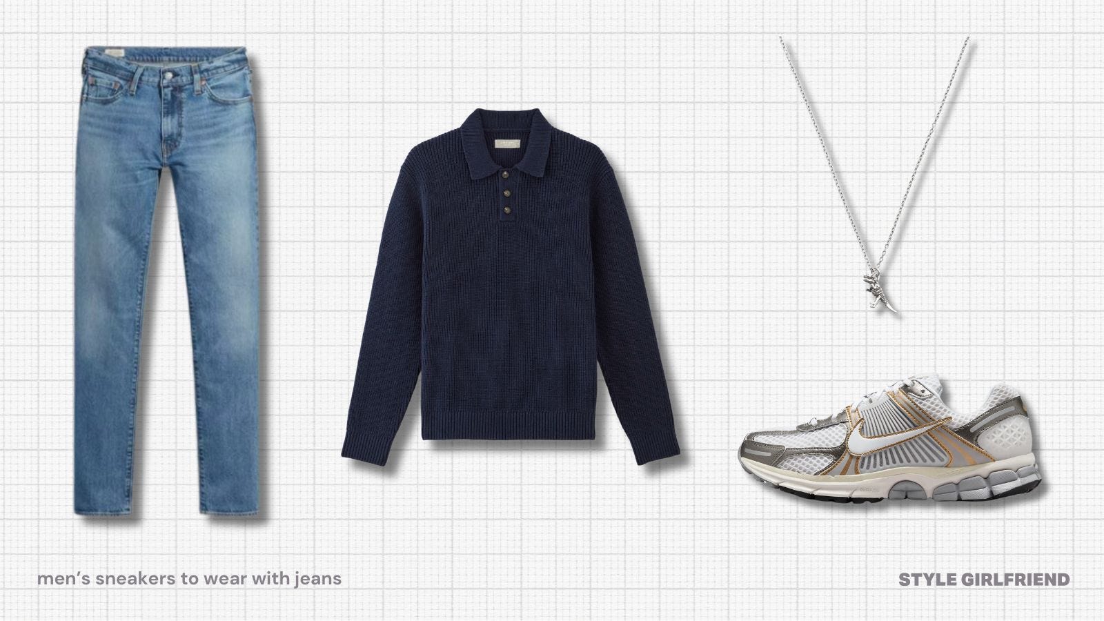 casual men's outfit featuring blue slim fit jeans, a navy collared sweater, a silver pendant necklace and nike running sneakers