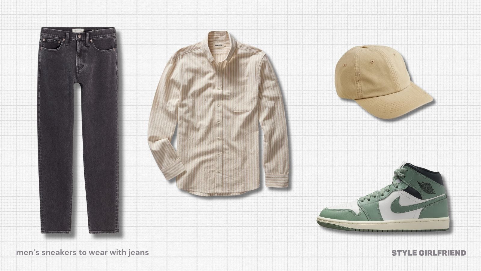 casual men's outfit with jeans, nike air jordan sneakers, a striped oxford shirt and canvas baseball cap