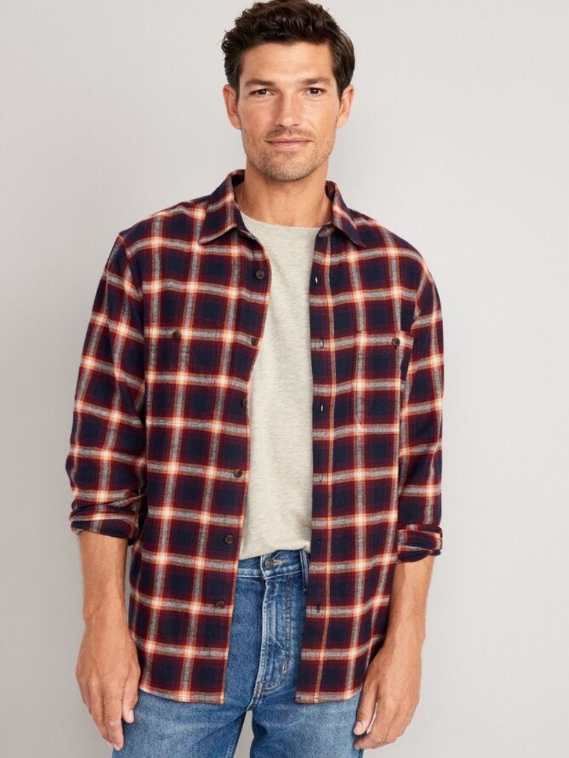 close-up of a man wearing a red flannel plaid shirt over a white shirt and jeans