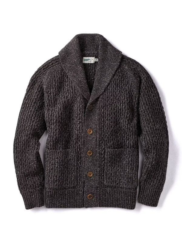 flat lay image of a grey shawl collar cardigan with brown buttons