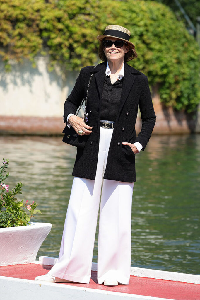 Sigourney Weaver arrives at the Excelsior pier ahead of the 81st Venice International Film Festival 