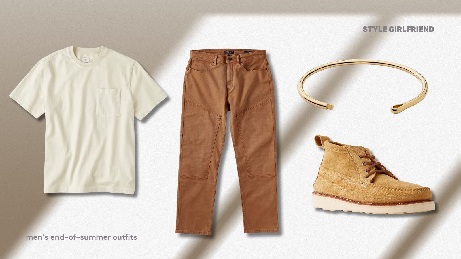 end of summer men's outfits, this one features a short-sleeve shirt, work pants, and suede boots